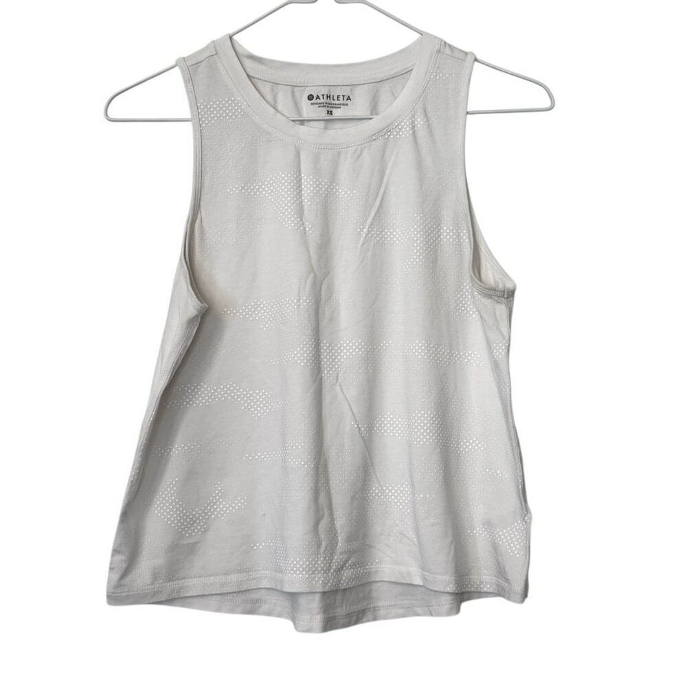 Athleta Dotted Crew Neck Cotton Blend Athletic White Muscle Tank Top